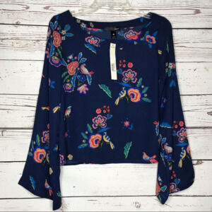 Aqua Blue Long Flair Sleeves Floral Cropped Top Blue XS